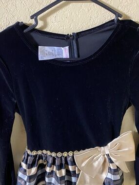 Black Velvet & Gold Trim Party Dress with Bow